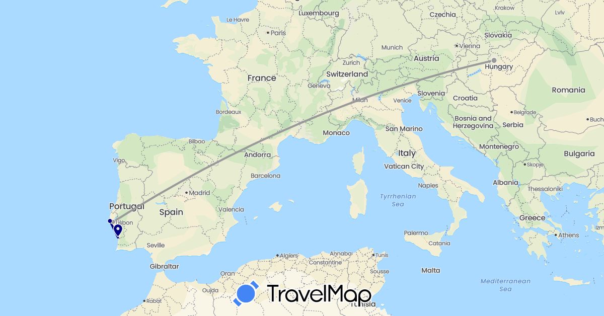 TravelMap itinerary: driving, plane in Hungary, Portugal (Europe)